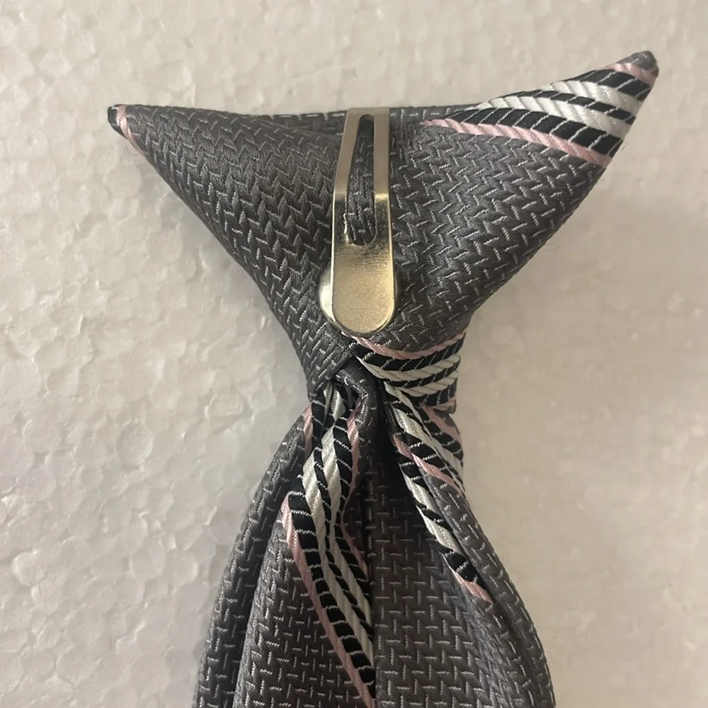 Y2K Dupont Teflon Gray white pink Stripe boys clip on Tie ready to wear no tying